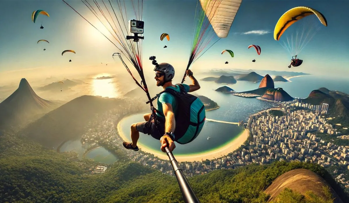 Vista panorâmica de Niterói e do Rio de Janeiro durante um voo de parapente